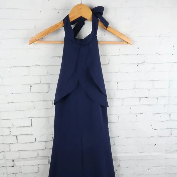 BEBE NAVY BLUE HIGH NECK HALTER RUFFLE OPEN BACK WIDE LEG JUMPSUIT SIZE 10 - Picture 5 of 9